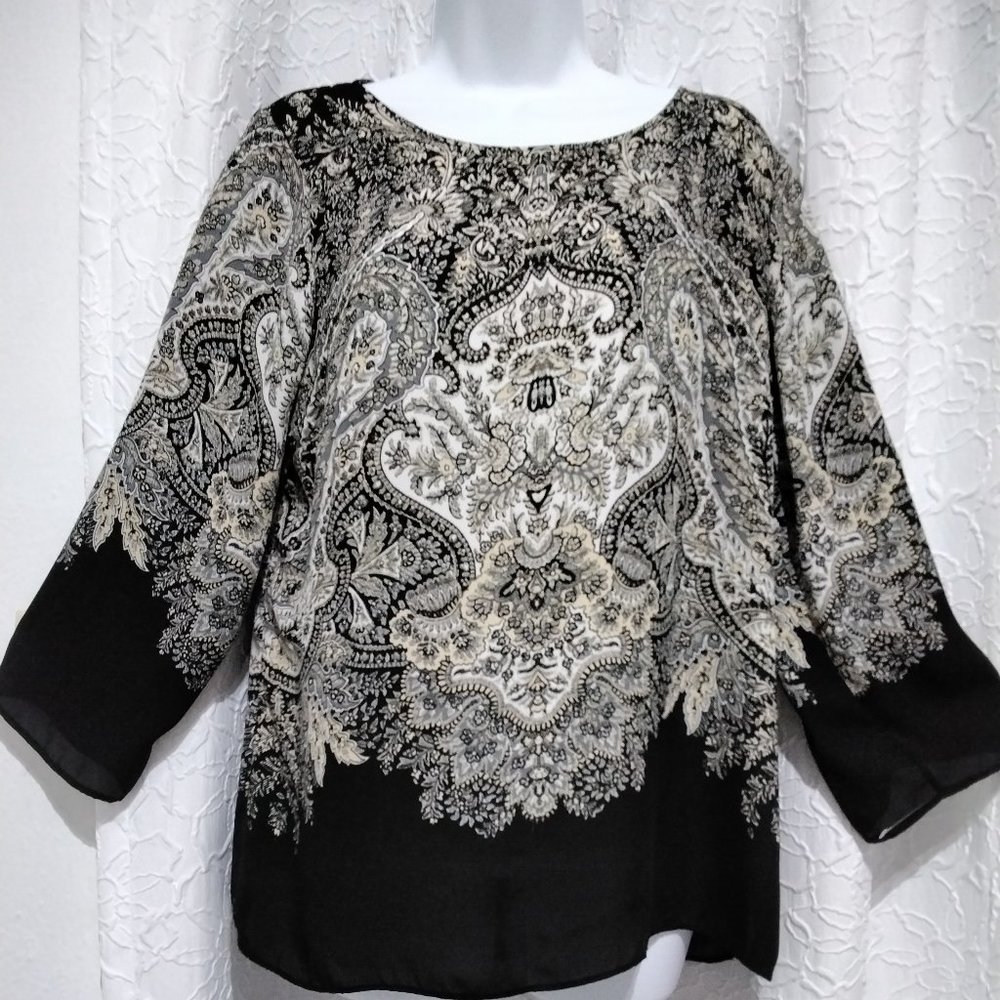 Rose & Olive Women Blouse Size M Paisley pattern Black White Beige *001